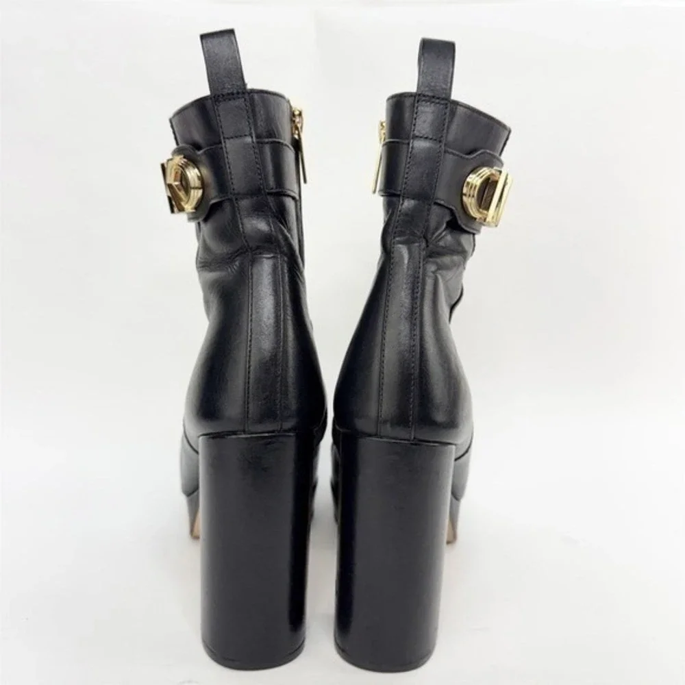 Michael Kors Black Leather Platform Ankle Boots Gold MK Logo Buckle Block Heel